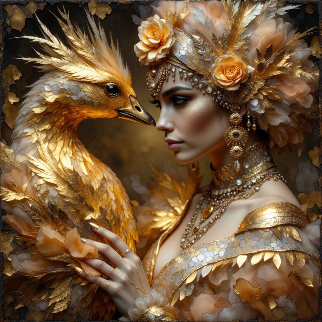 Steampunk Woman Beside Glowing Golden Goose