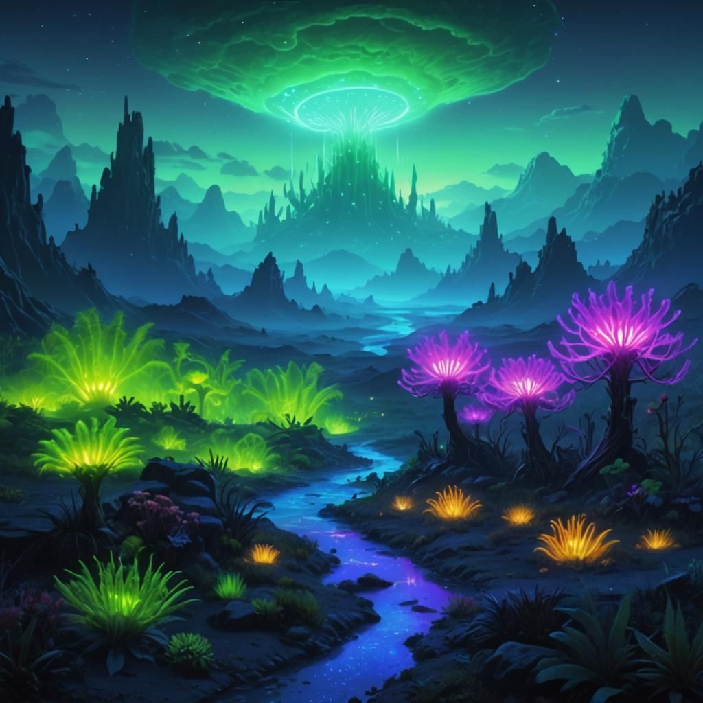 Fluorescent Alien Landscape with Glowing Flora