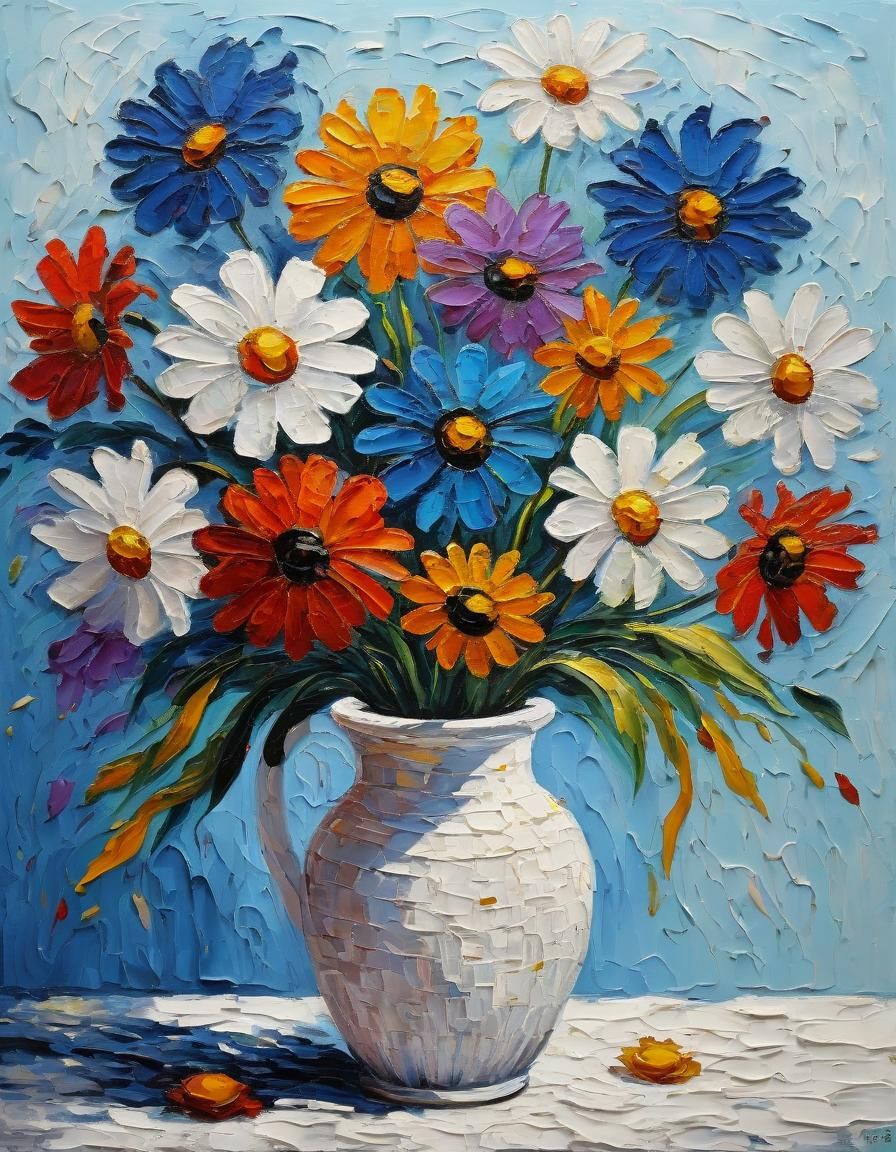 Flowers in Vase: Impasto Oil Painting