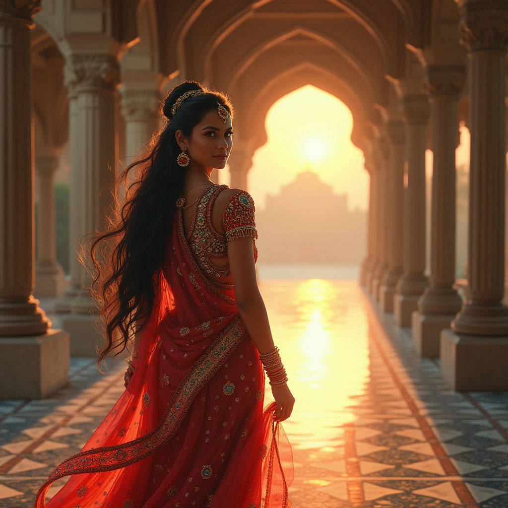 Indian Princess in Rajasthan Palace at Sunset