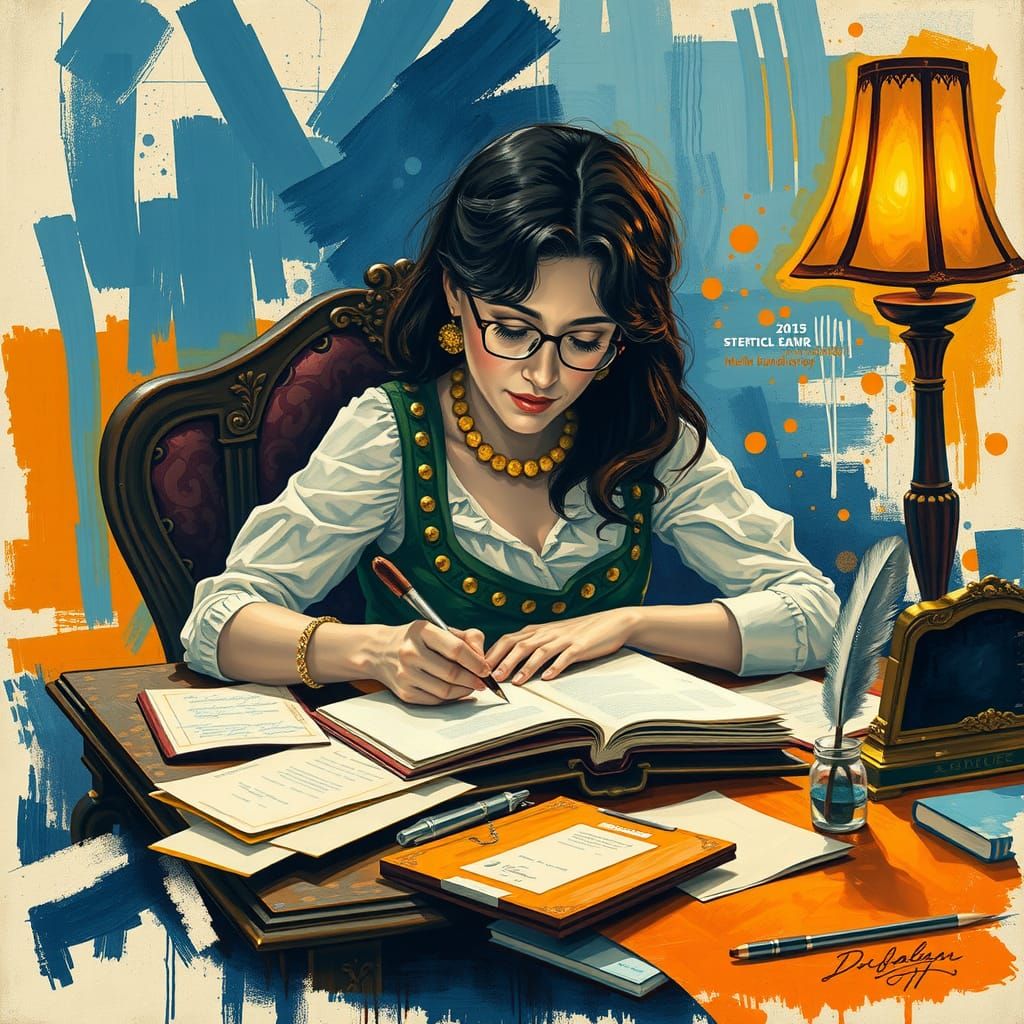 Woman Writing Letter in Expressionist Style