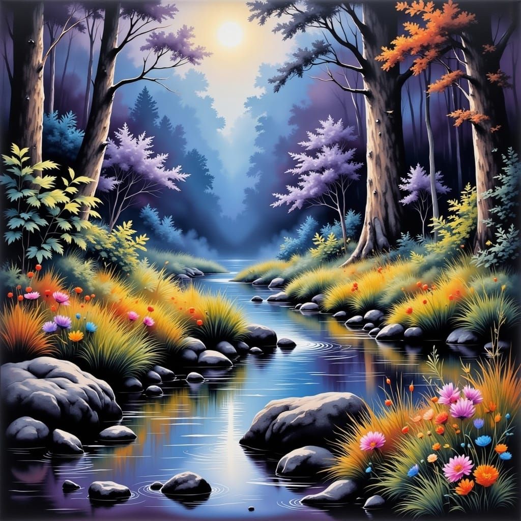 Creek Through Evening Forest with Reflective Water