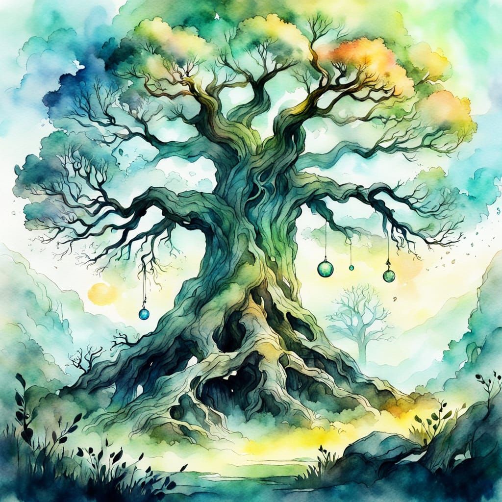 Ancient Tree with Mystical Orb in Watercolor Sketch Style