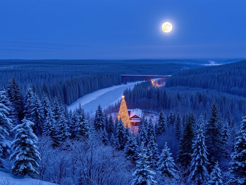 Winter Wonderland Scene Under Full Moon