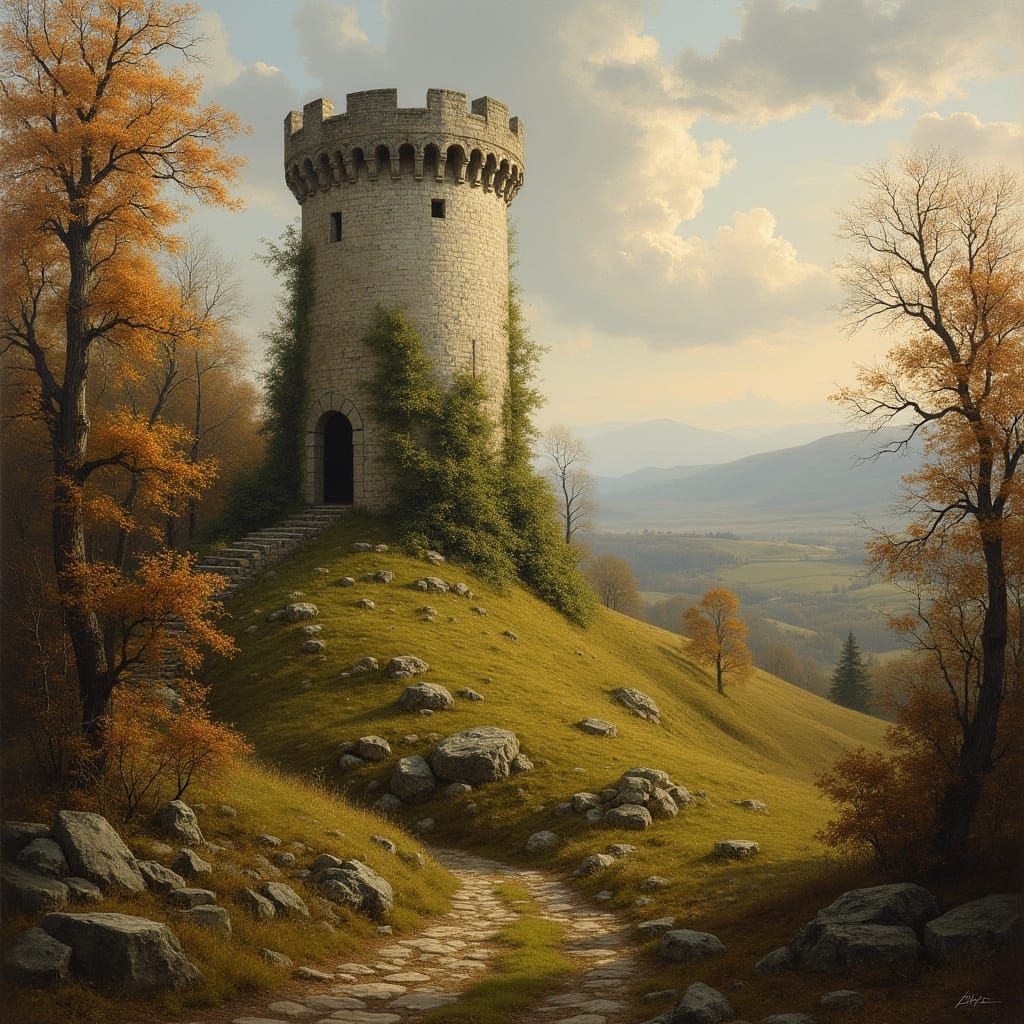 Weathered Stone Tower Amidst Autumnal Forest Landscape in Ol...