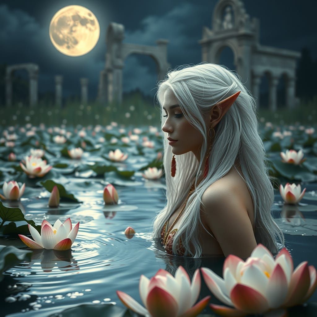 Moonlit Elf Maiden in Lotus Pond