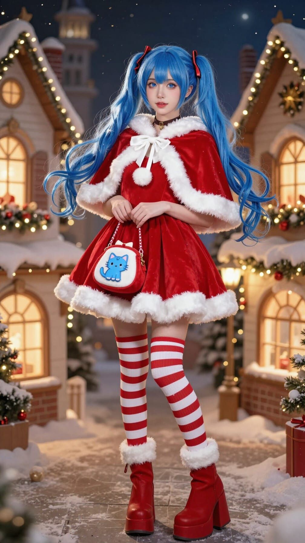 Woman in Santa Dress in Christmas Village Sketch