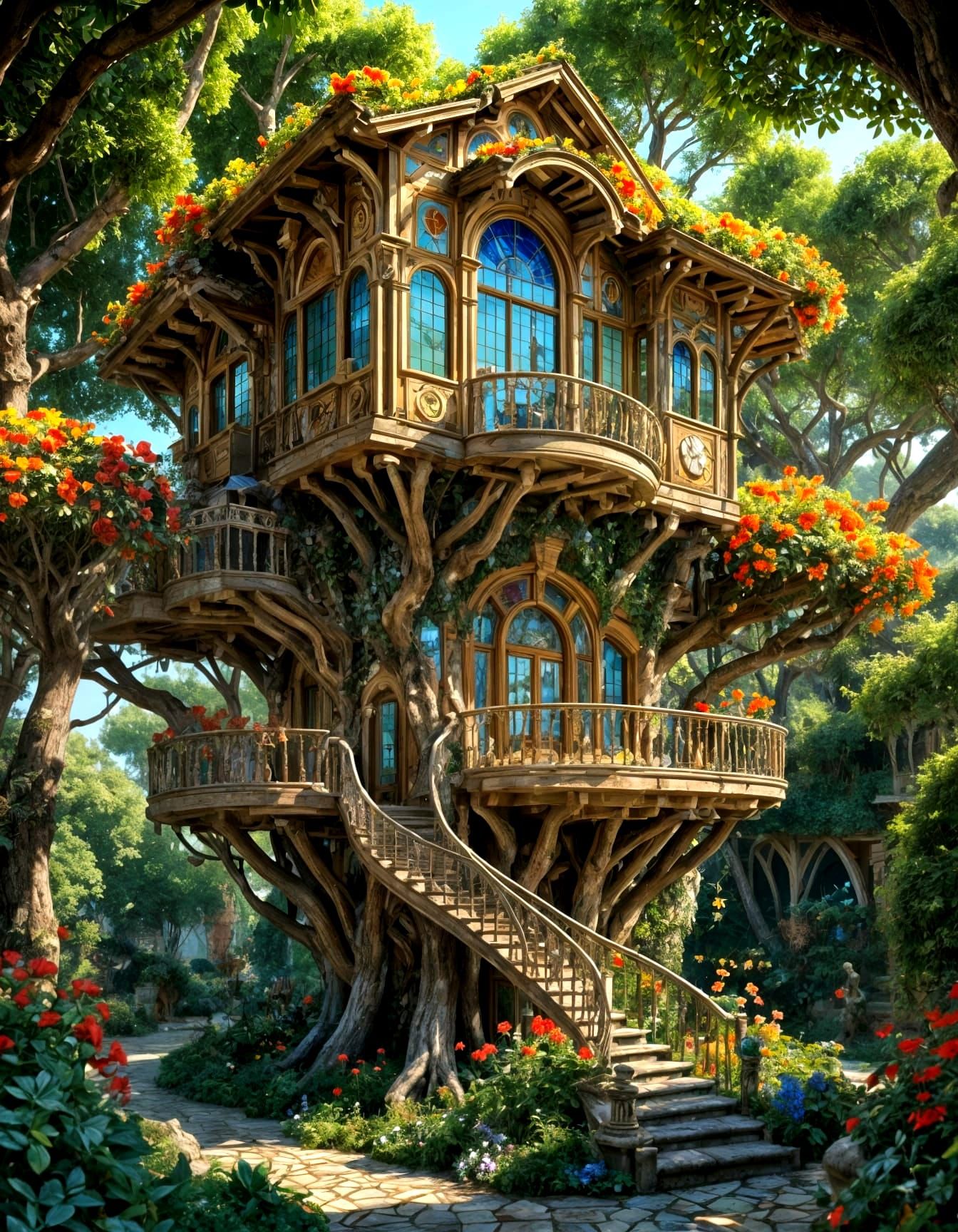 Intricate Stained Glass Treehouse Villa: Hyperrealist Fantas...