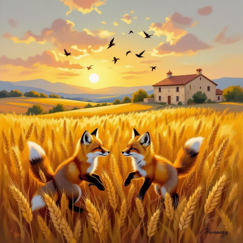 Fox Kits Play in Golden Wheatfield, Neo-Impressionist Style