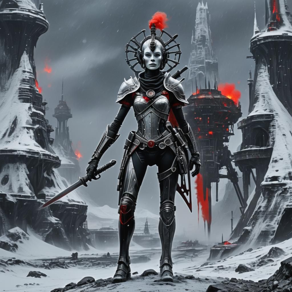 Desolate Industrial City in Black and White with Red