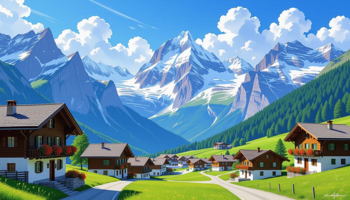 Majestic Swiss Alps Village Oil Painting