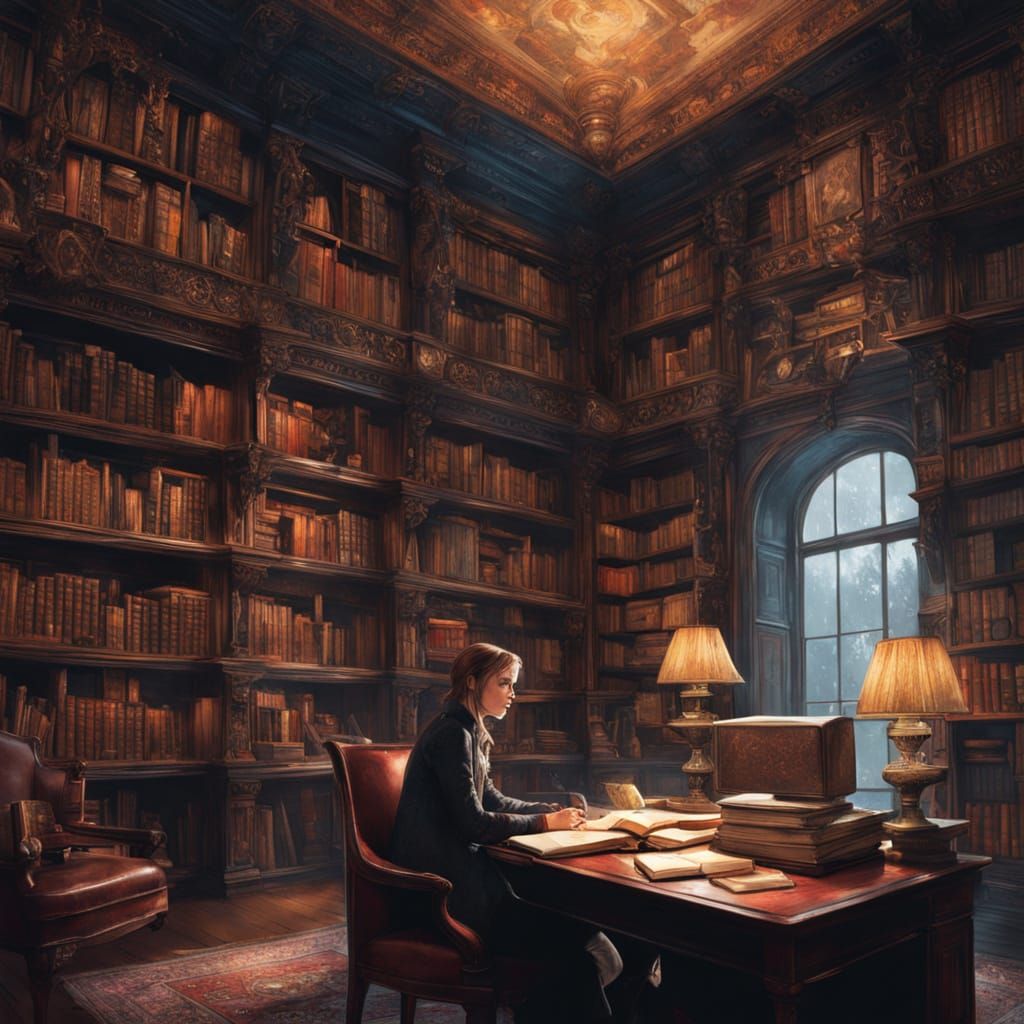 "A perfect award winning LIBRARY , Edwin Landseer, Ismail Inceoglu, Russ Mills, hyperdetailed 16K resolution HDR DSLR, u...