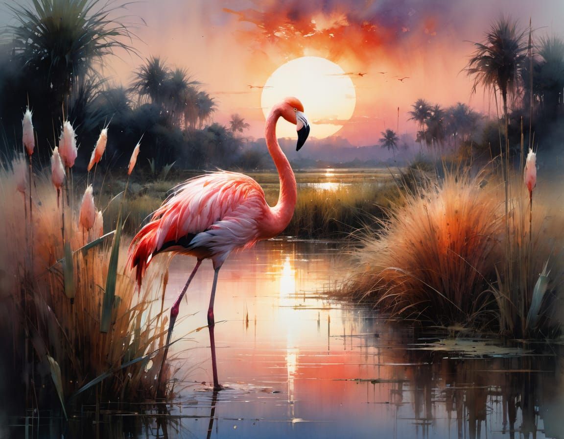 Watercolor Flamingo in Marsh at Sunset