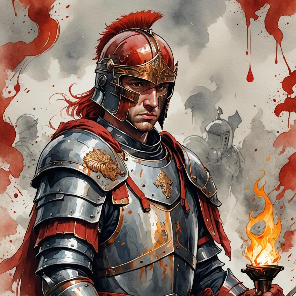 Roman Knight Portrait with Flame in Digital Illustration