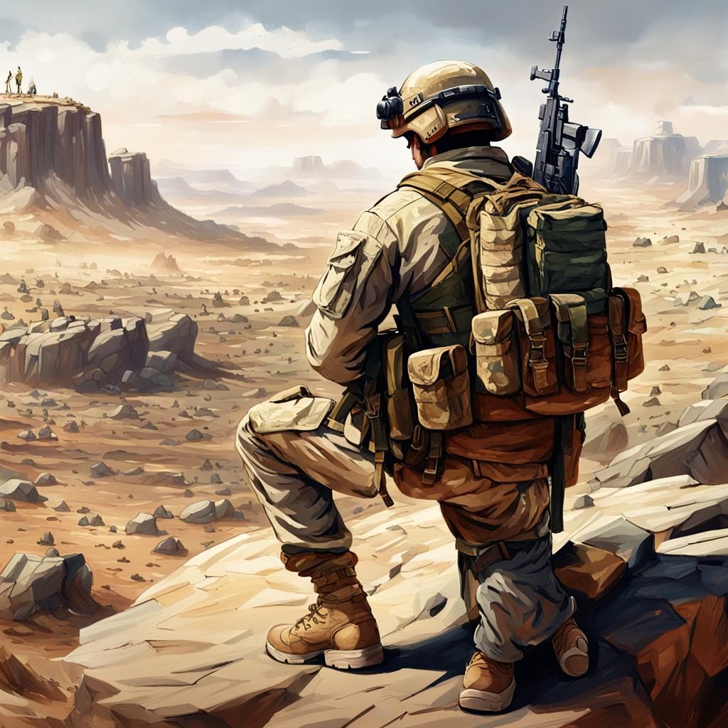 Soldier Watches Desert War Unfold: Hyperrealistic Art