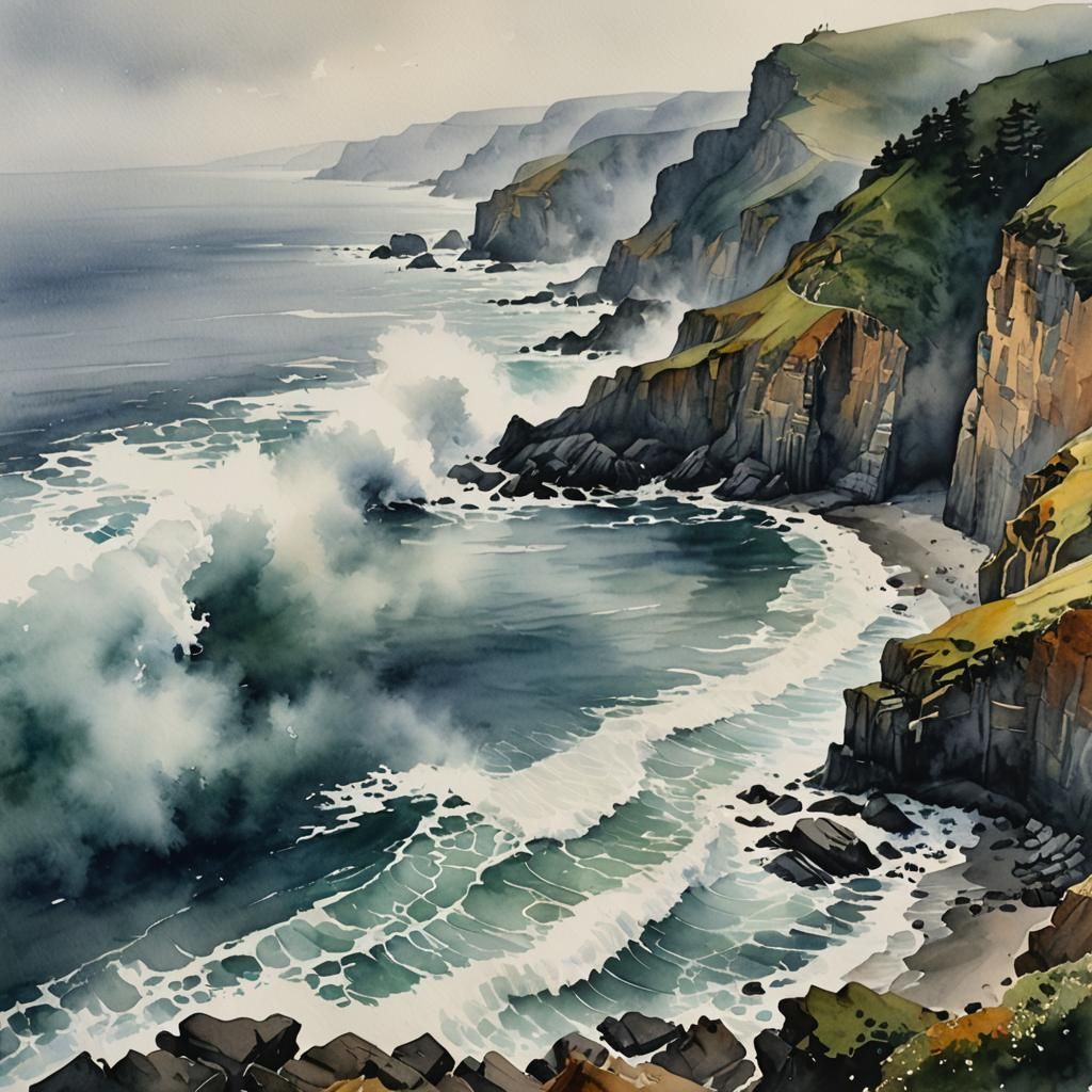Misty Coastline: Watercolor of Sorrow and Longing