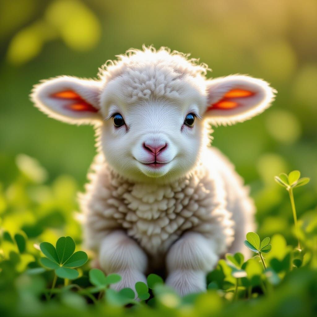 Adorable Lamb in Clover Patch, Wildlife Photography