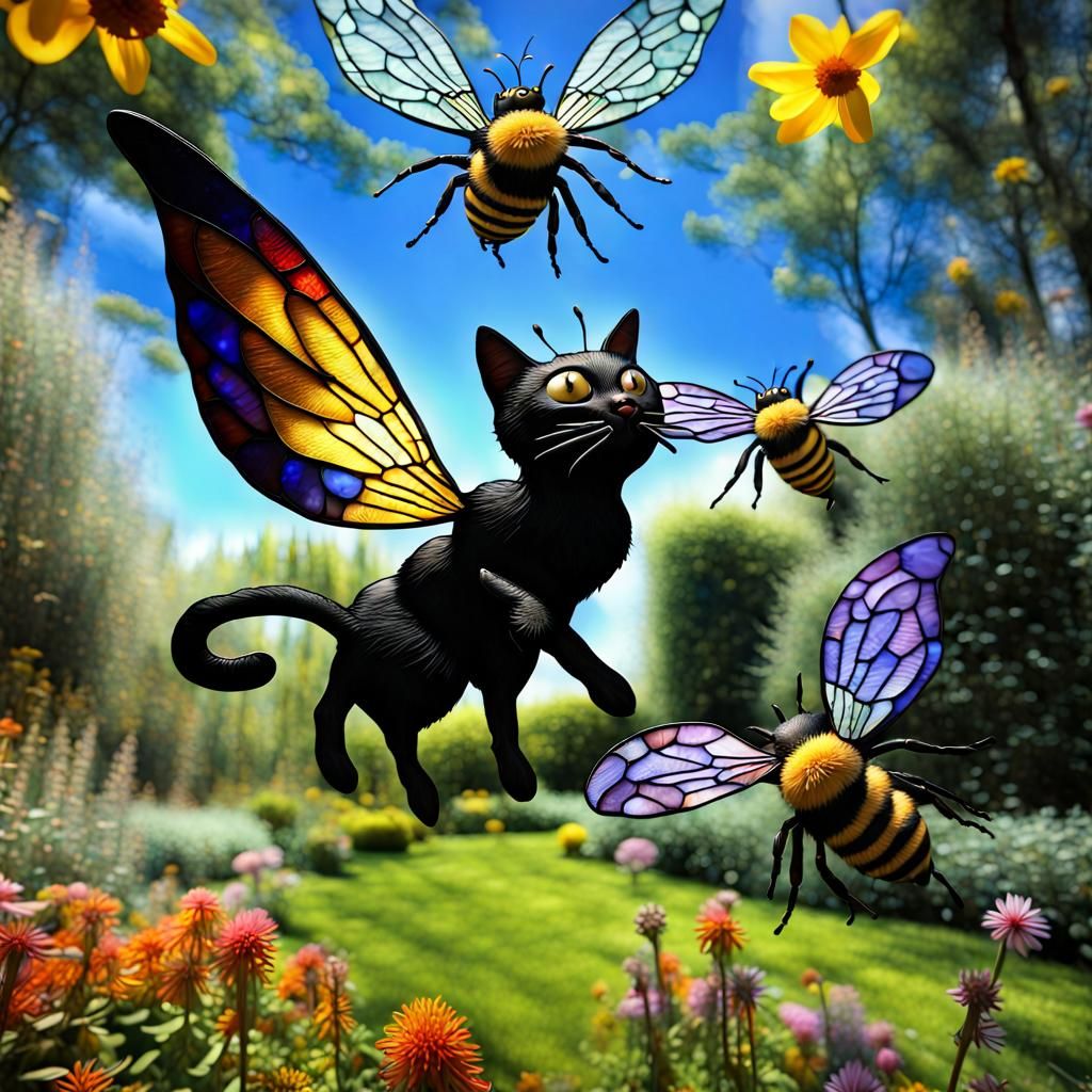Surreal Cat-Bees in Lush Garden