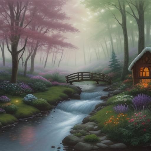 Gingerbread House in Misty Forest at Dawn