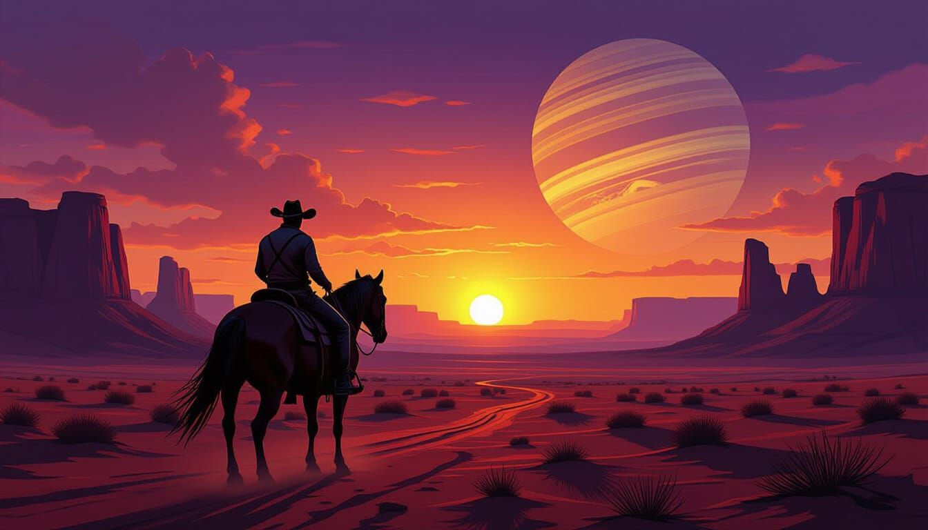 Space Cowboy Riding into Alien Desert at Sunset