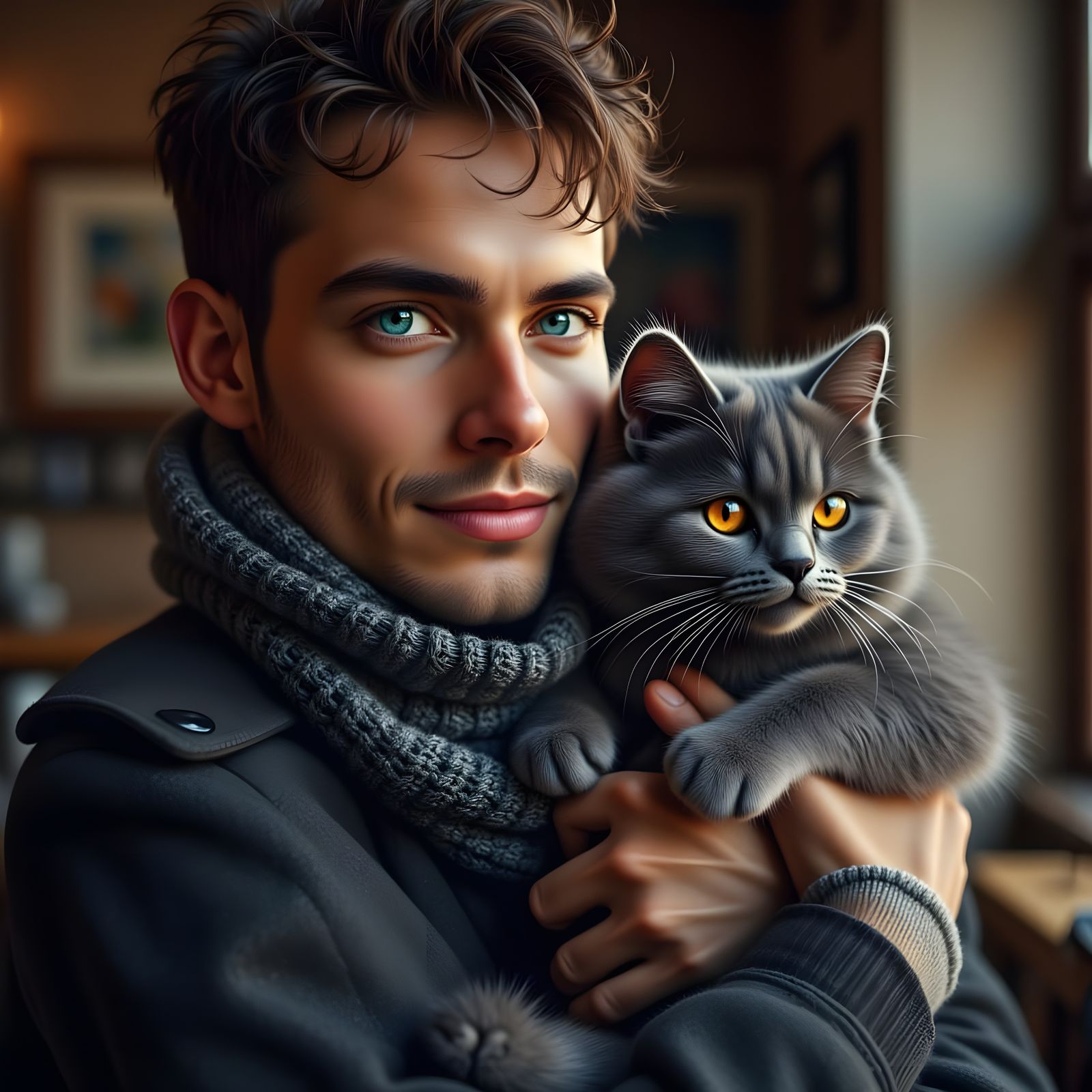 Handsome Man with Cat in Hyperrealistic Style