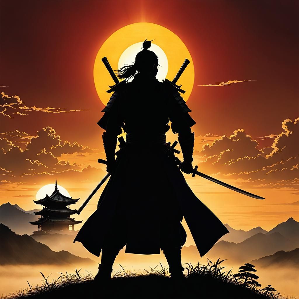 Samurai Silhouette in Traditional Comic Art Style