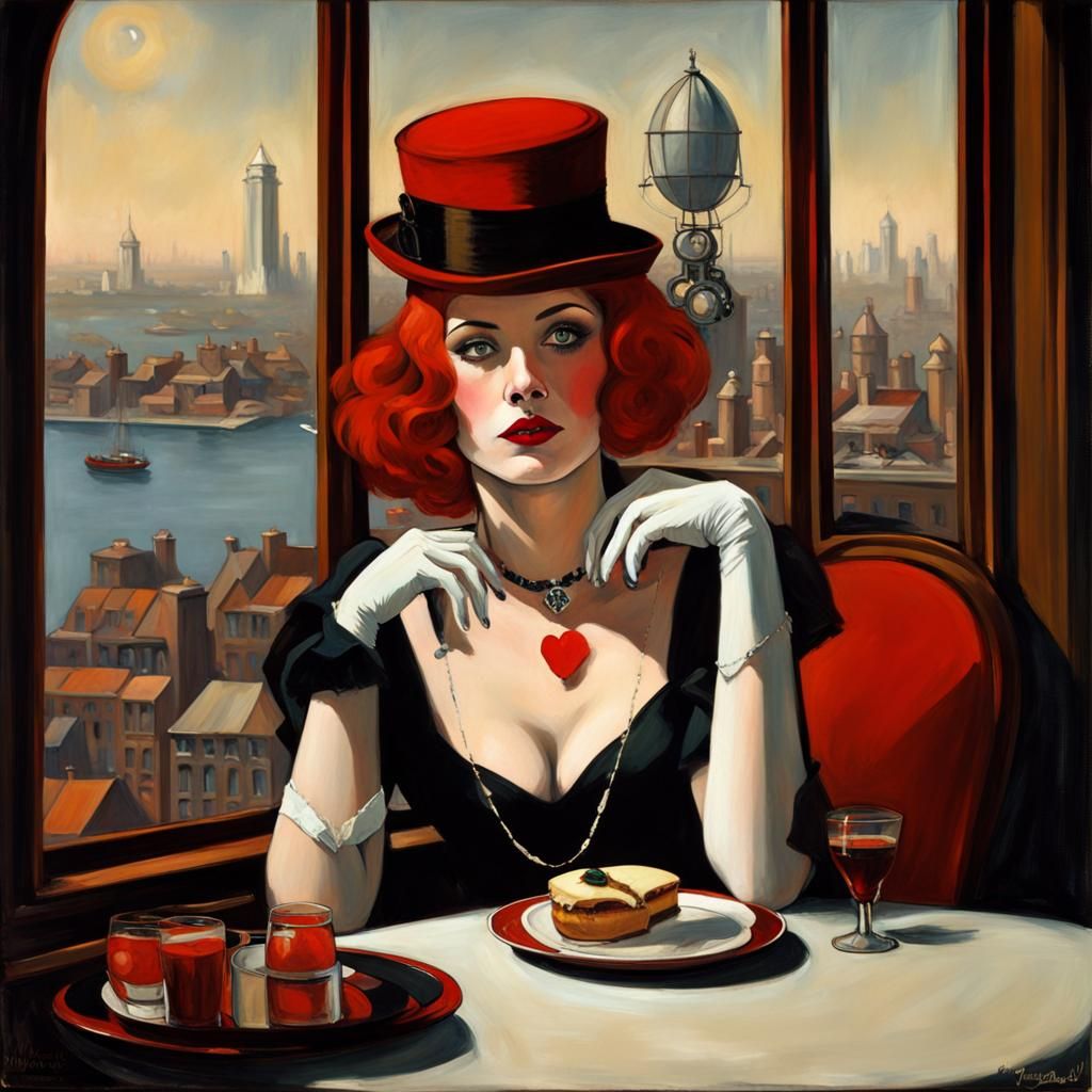 Steampunk Harlequin in Gothic City Restaurant