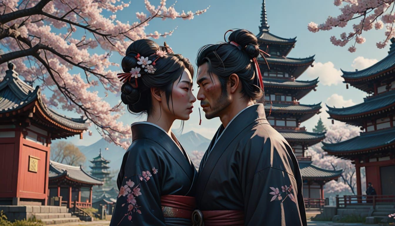 Samurai and Geisha Kiss Under Moonlight in Anime Style