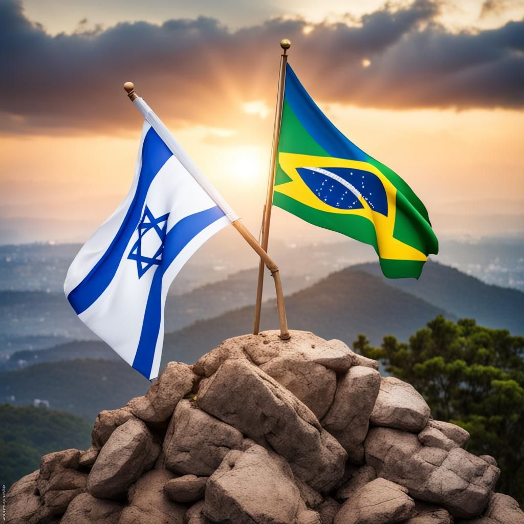 Israel and Brazil Flags United on Mountain