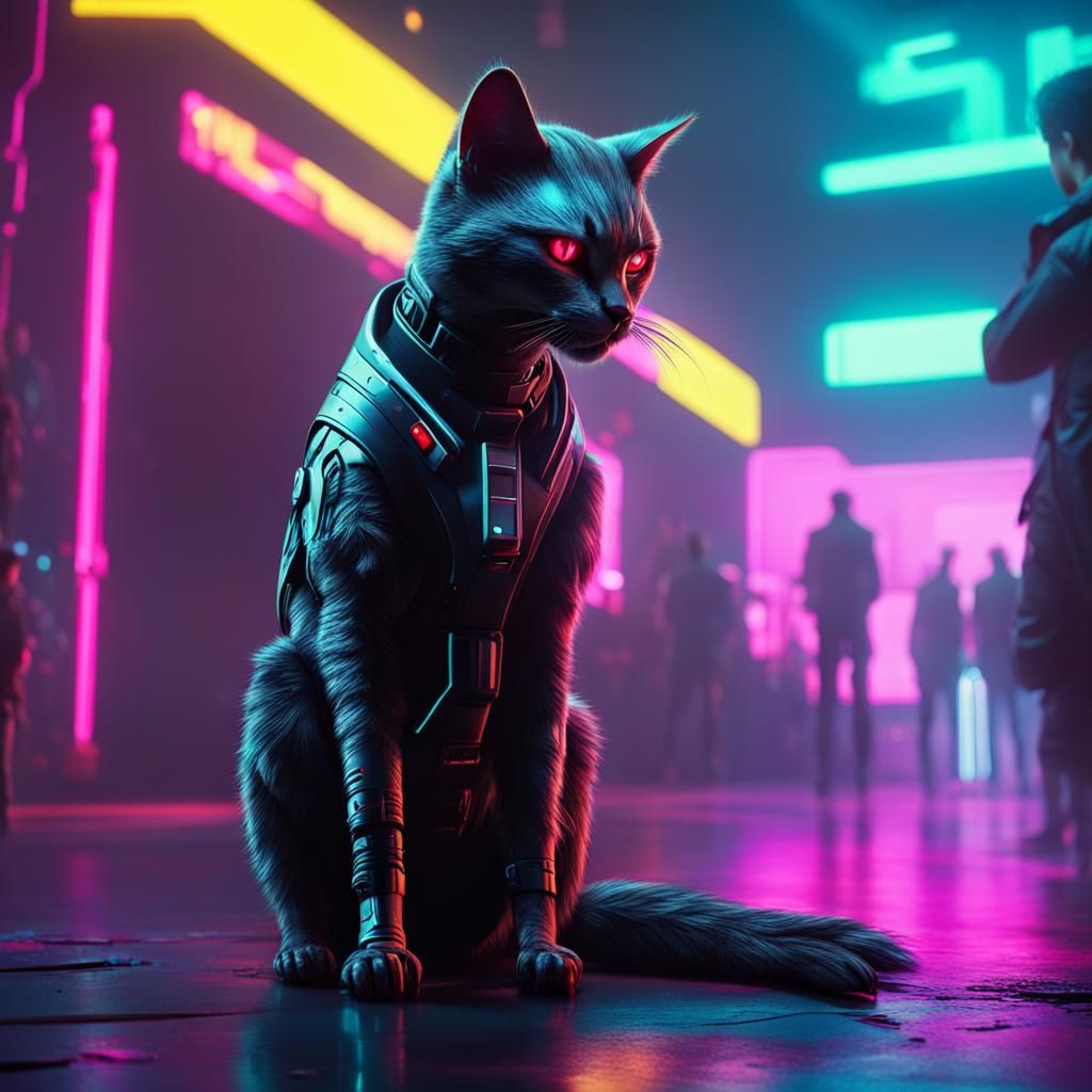 Bionic Cat in Cyberpunk Cityscape