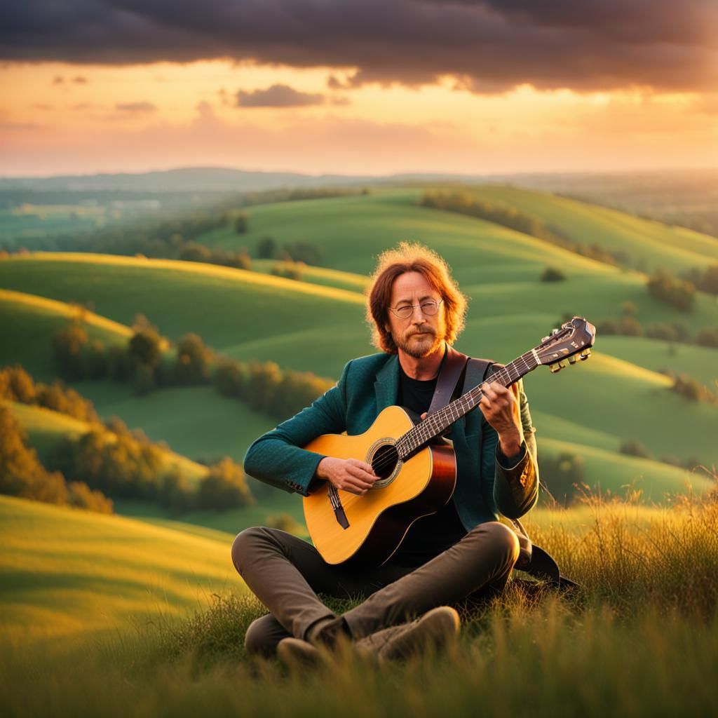 Musician's Serene Hillside Performance in Folk Art Style