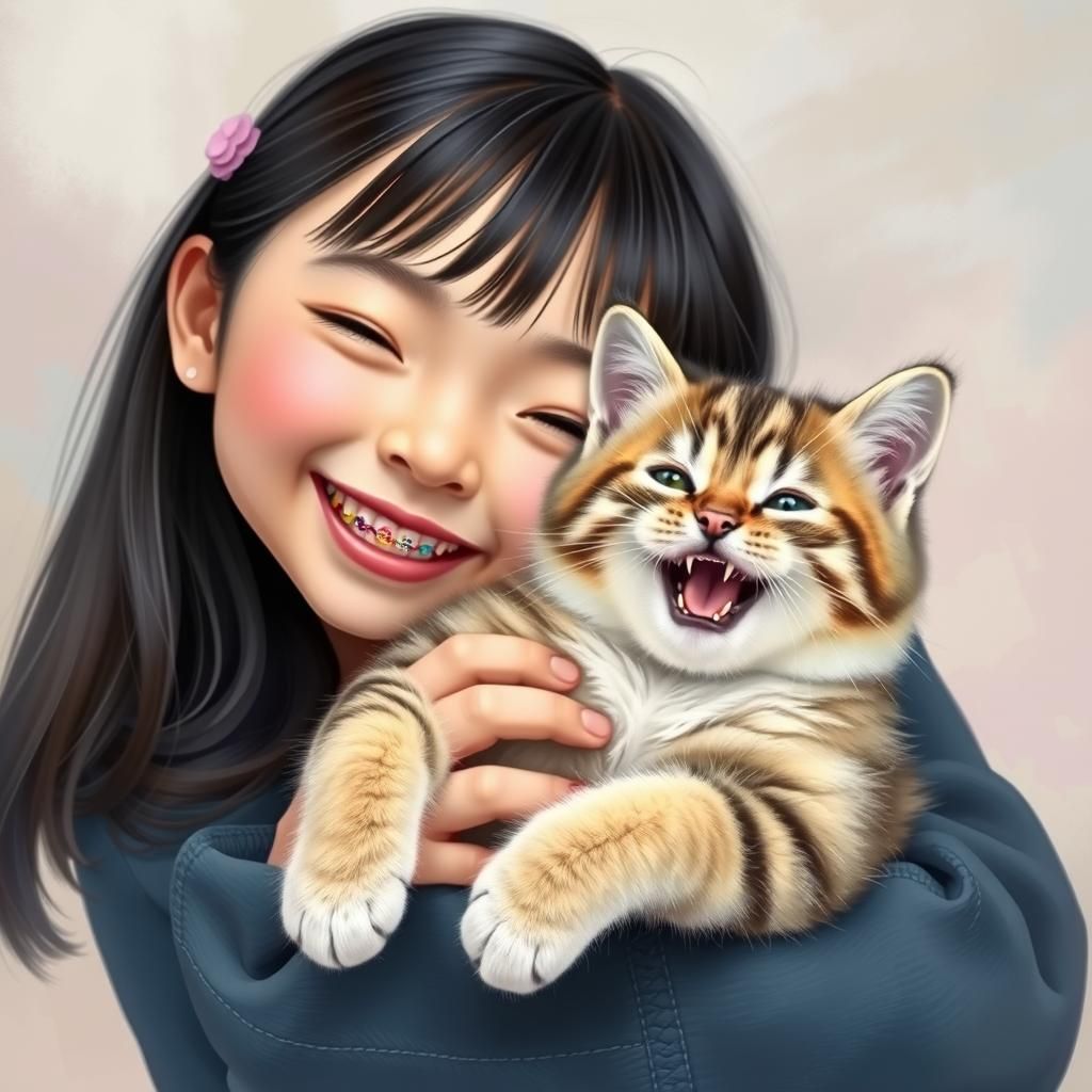Cute Girl and Kitten Cuddling with Colorful Braces