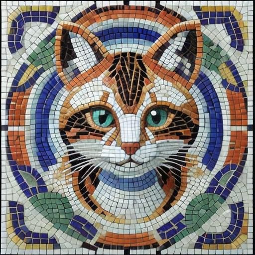 Smiling Mosaic Cat in Garden Scene, 3D Render