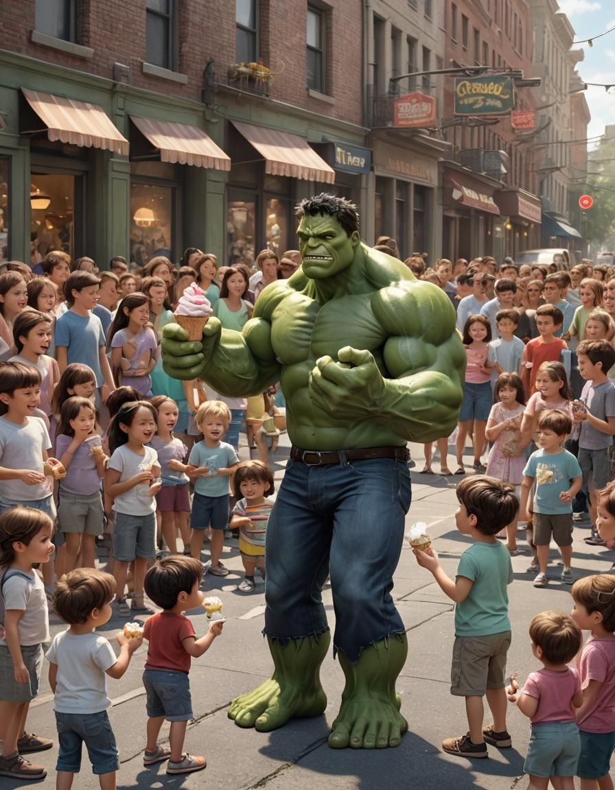 Hulk's Kind Gesture: Ice Cream for Children, 3D Digital Art