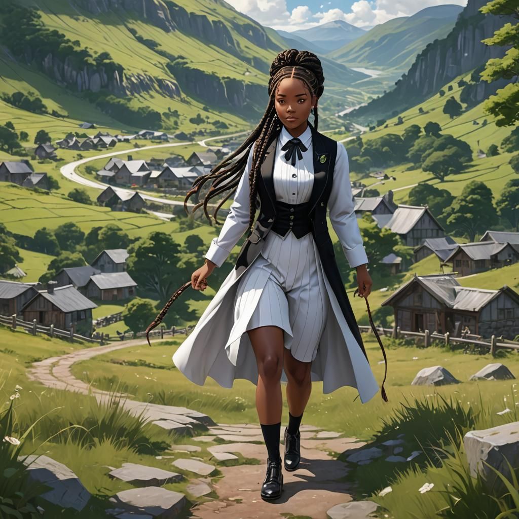 Irish Jamaican Woman in Tuxedo in Highlands, Anime Art