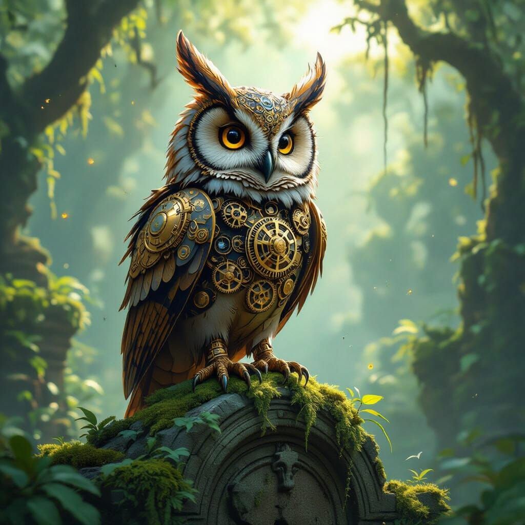 A majestic, clockwork owl with intricate gears and brass pla...