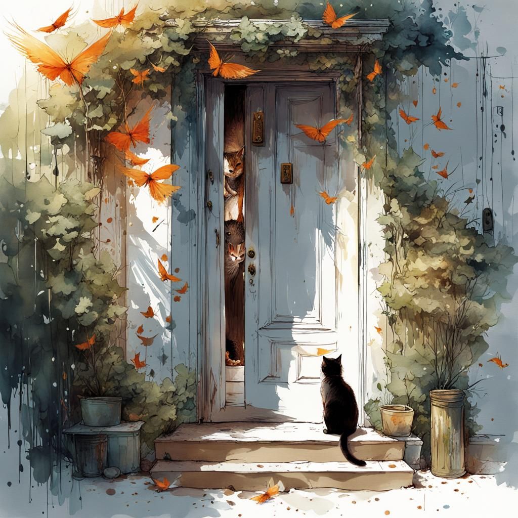Playful Winged Cat at Doorway in Watercolor Splash Art