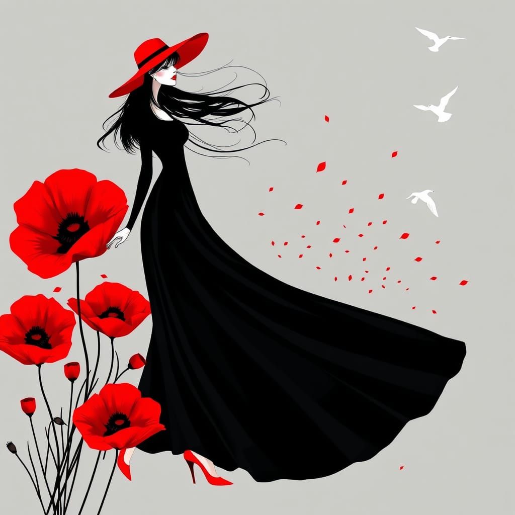 Elegant Woman in Wind with Red Poppies