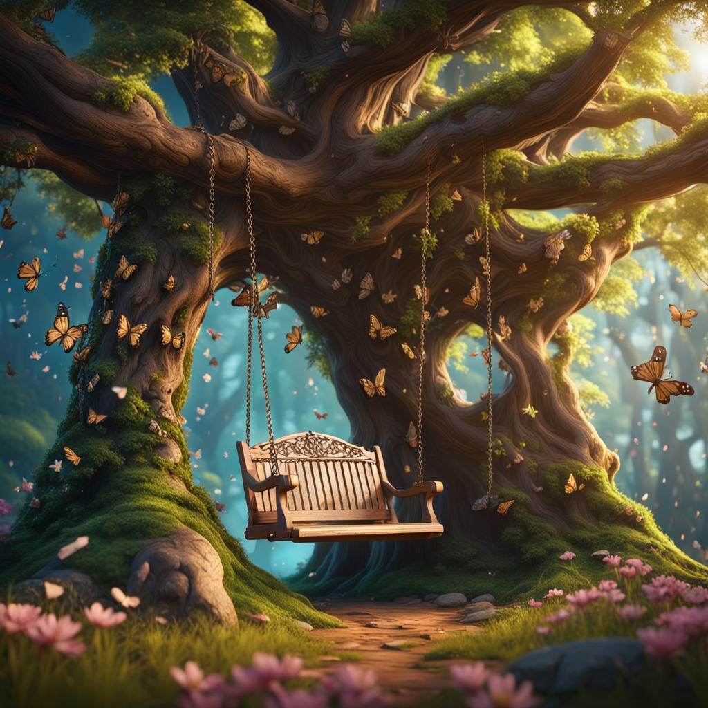 Springtime Wood Swing with Fairies: Fantasy Concept Art