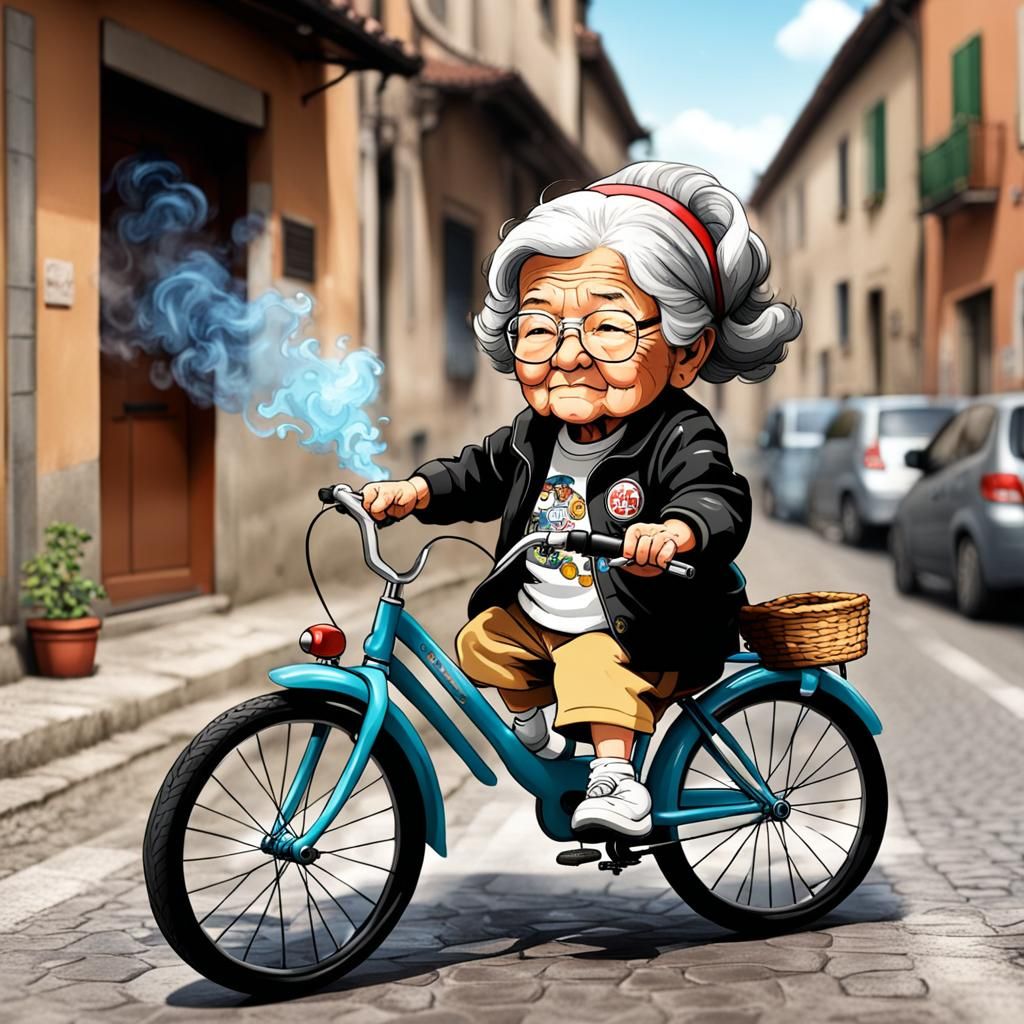 Nonna chibi che fuma mentre va in bicicletta