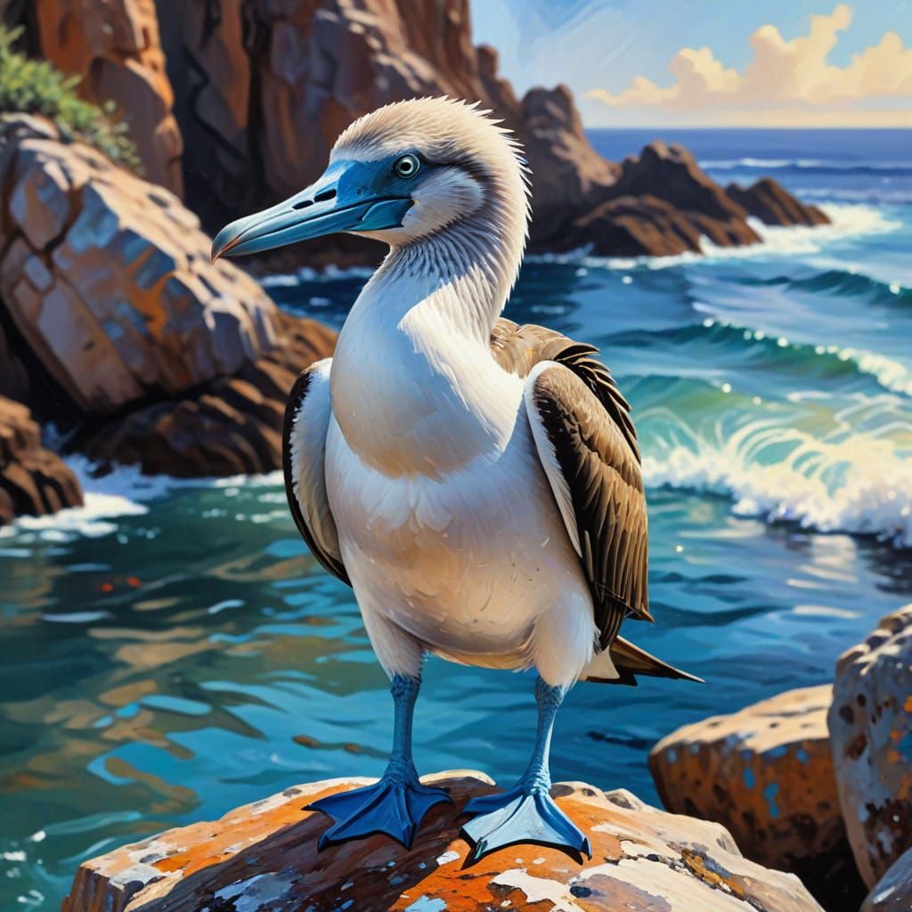 Gouache Painting of Blue-Footed Booby on Rocky Shore
