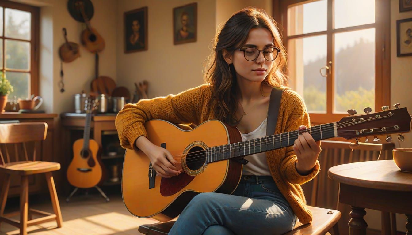 Woman Plays Guitar in Cozy Kitchen: Digital Art