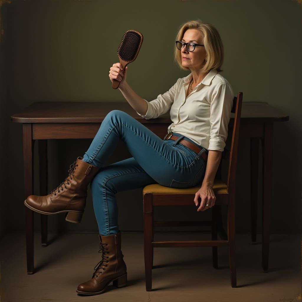 Contemplative Woman with Hairbrush in Realist Style
