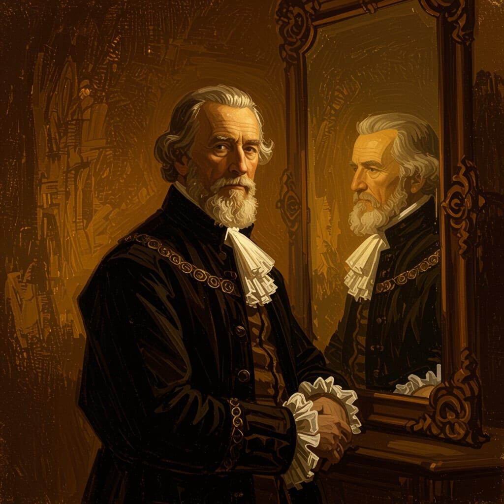 Elderly Man in Mirror, Rembrandt-Style Portrait