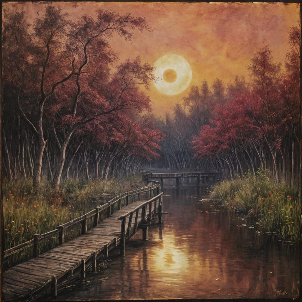 Black Cherry Eclipse over Swampy River: Watercolor Painting