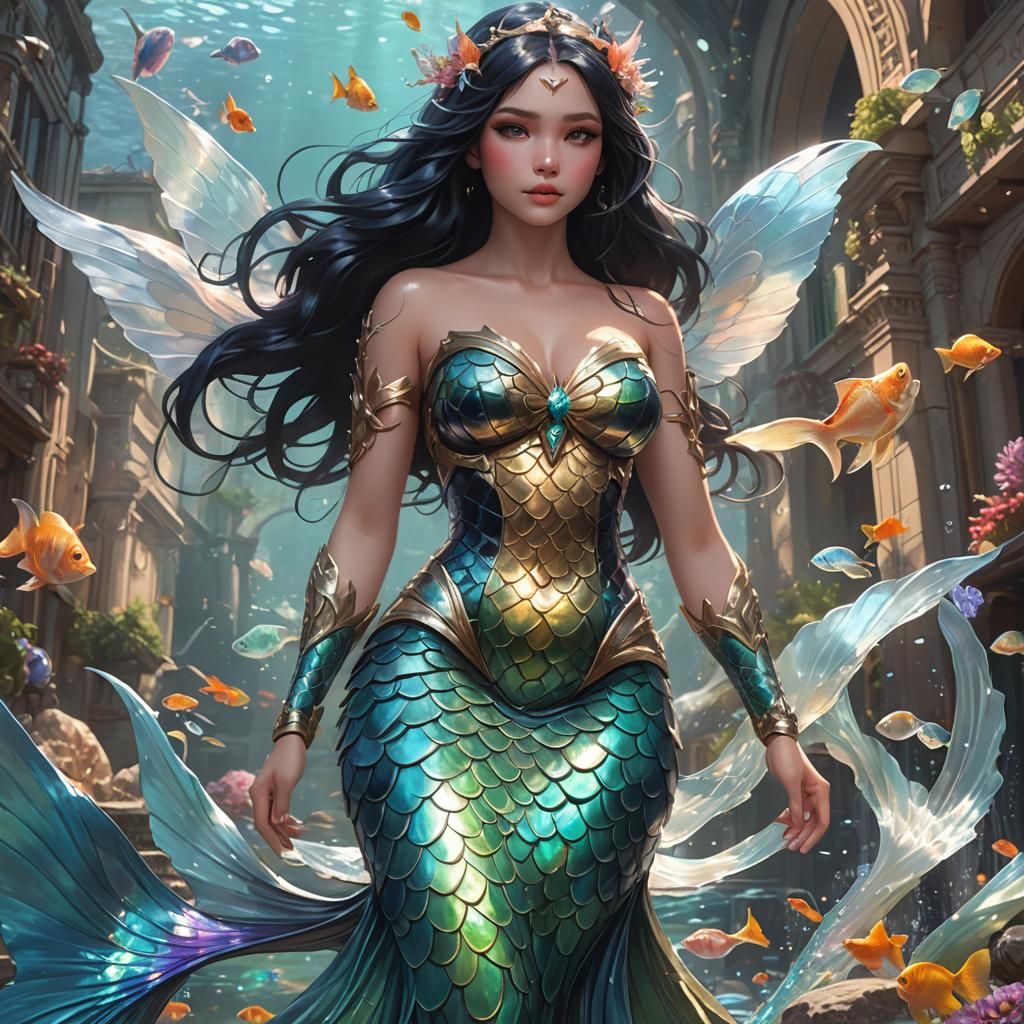 Mermaid with Angel Fish Tail in Detailed Splash Art