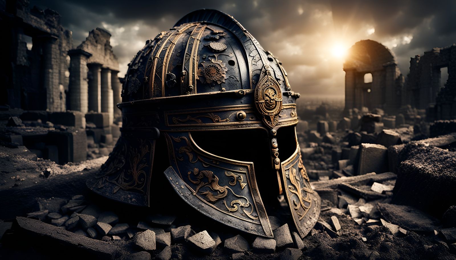 Ancient Helmet Lost in Ruins: Hyperrealistic HDR Photo