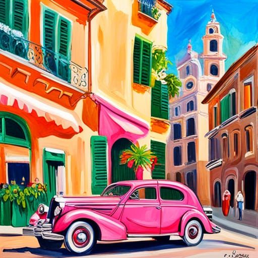 Pink Vintage Car in Monaco as Impasto Gouache