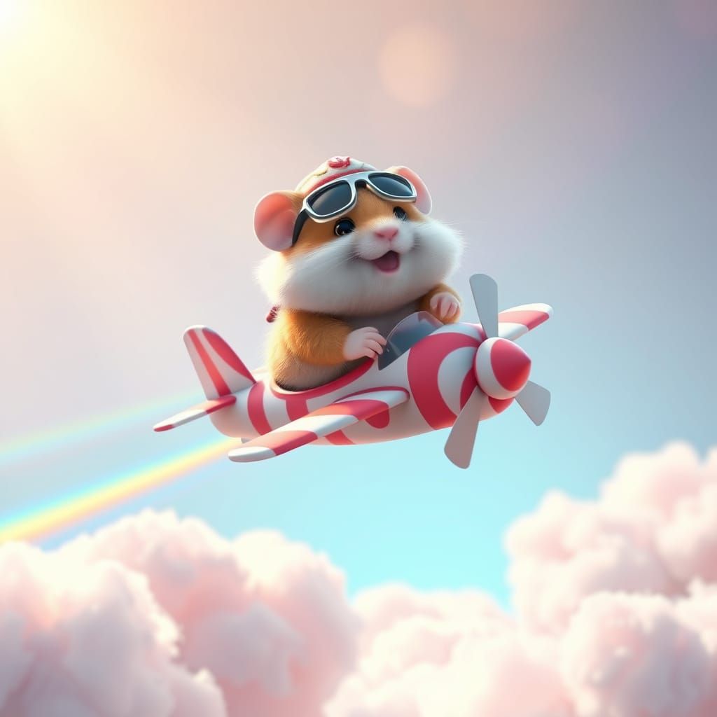 Hamster Pilot Soaring in Candy Biplane: 3D Digital Art