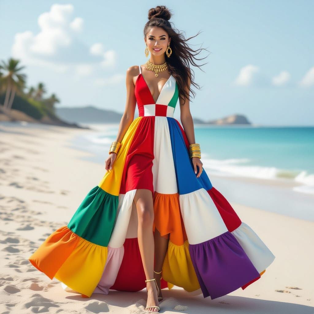 Hyperrealistic Woman in Multicolored Gown on Beach